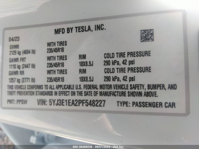 2023 TESLA MODEL 3 - 5YJ3E1EA2PF548227