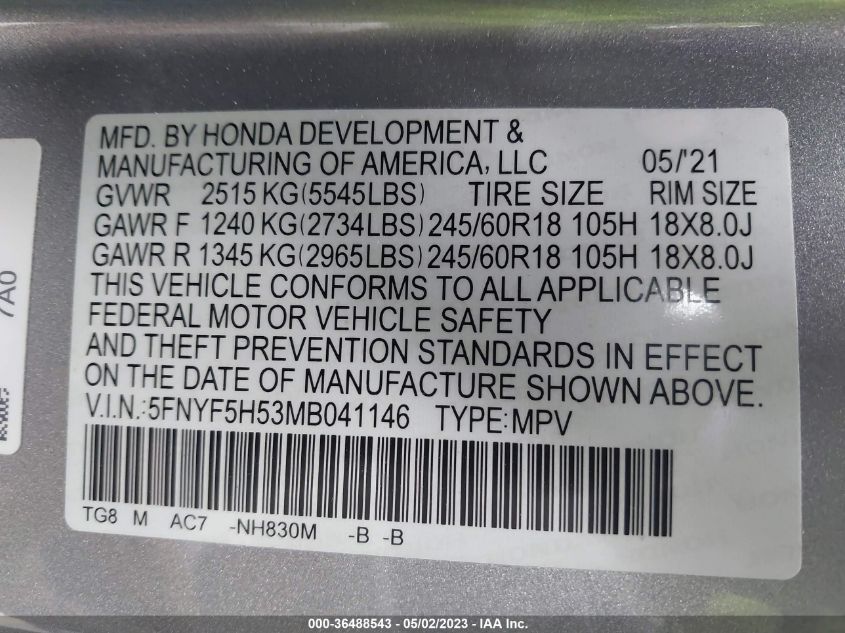 2021 HONDA PILOT EX-L - 5FNYF5H53MB041146