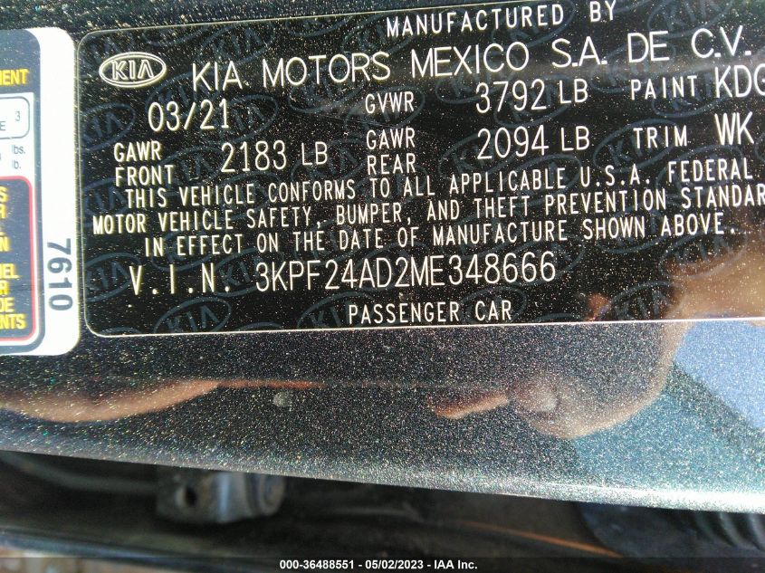 2021 KIA FORTE LXS - 3KPF24AD2ME348666