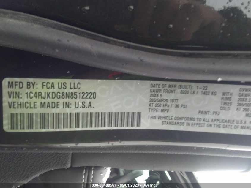 2022 JEEP GRAND CHEROKEE L OVERLAND - 1C4RJKDG8N8512220