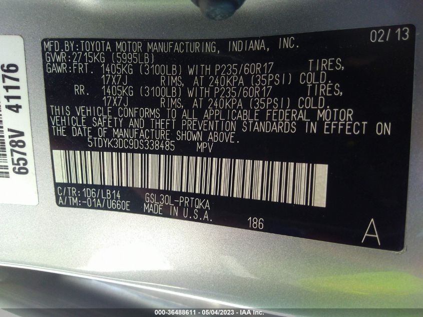 2013 TOYOTA SIENNA XLE AAS/XLE/LTD - 5TDYK3DC9DS338485