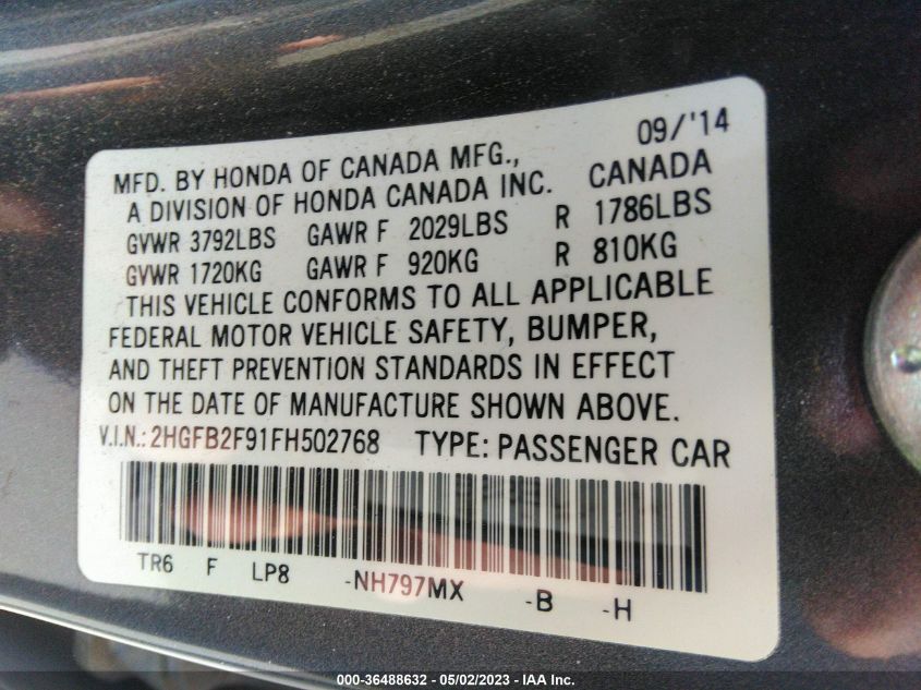 2015 HONDA CIVIC SEDAN EX-L - 2HGFB2F91FH502768