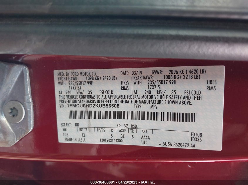 VIN 1FMCU0HD2KUB56508 2019 FORD ESCAPE SEL