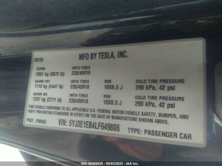 2020 TESLA MODEL 3 LONG RANGE - 5YJ3E1EB4LF649806