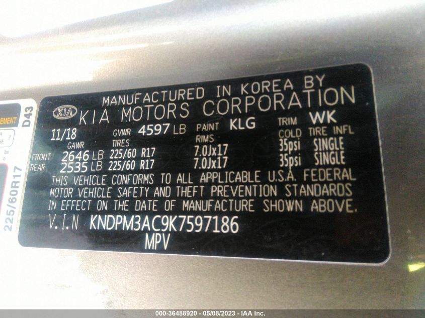 2019 KIA SPORTAGE LX - KNDPM3AC9K7597186