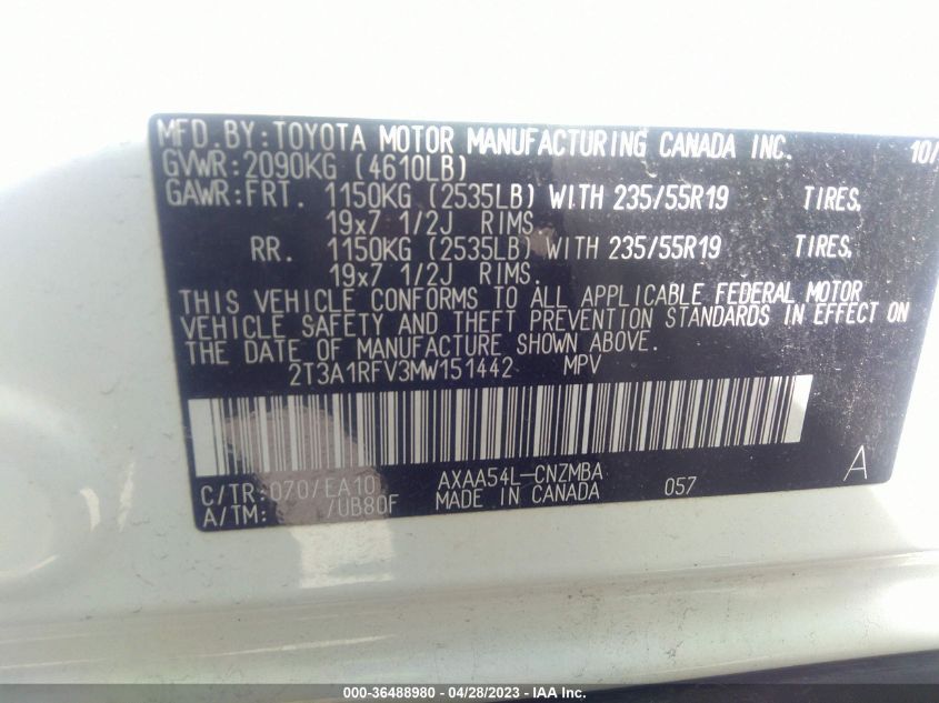 2021 TOYOTA RAV4 XLE PREMIUM - 2T3A1RFV3MW151442