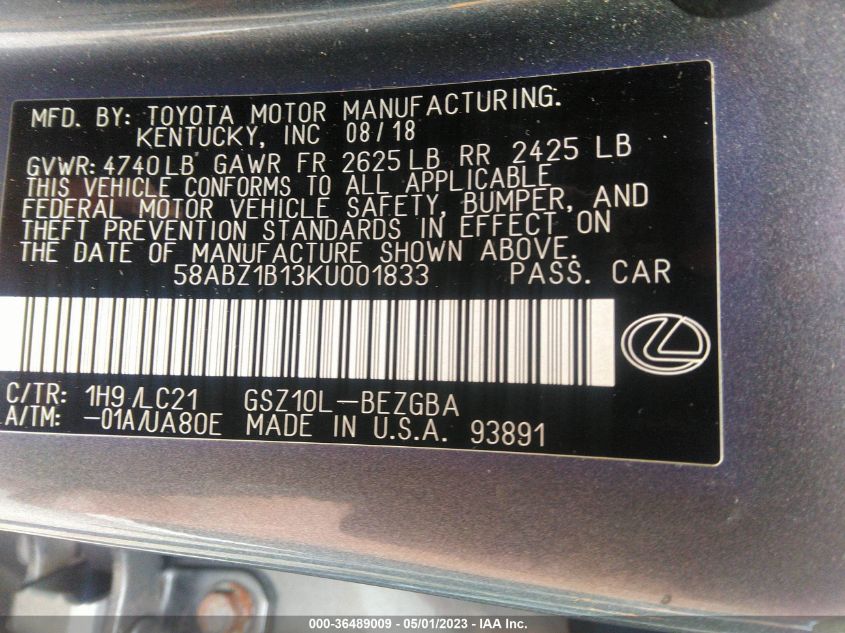 2019 LEXUS ES ES 350 - 58ABZ1B13KU001833