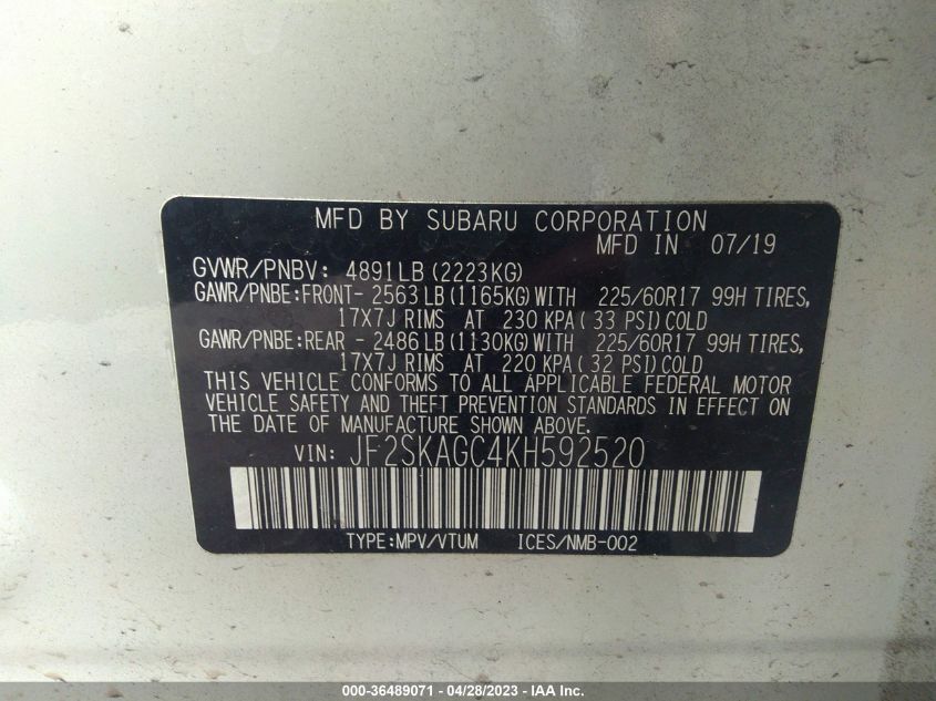 2019 SUBARU FORESTER PREMIUM - JF2SKAGC4KH592520