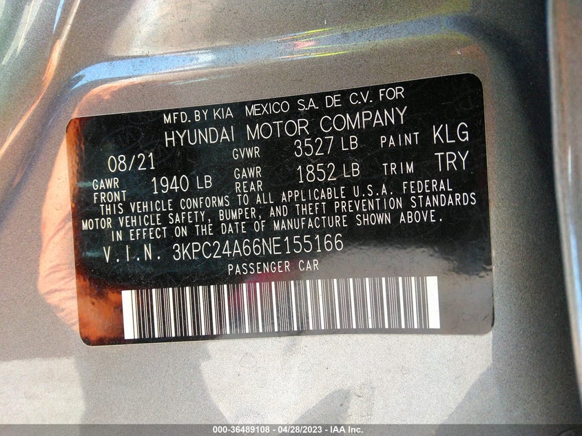 VIN 3KPC24A66NE155166 2022 HYUNDAI ACCENT SE