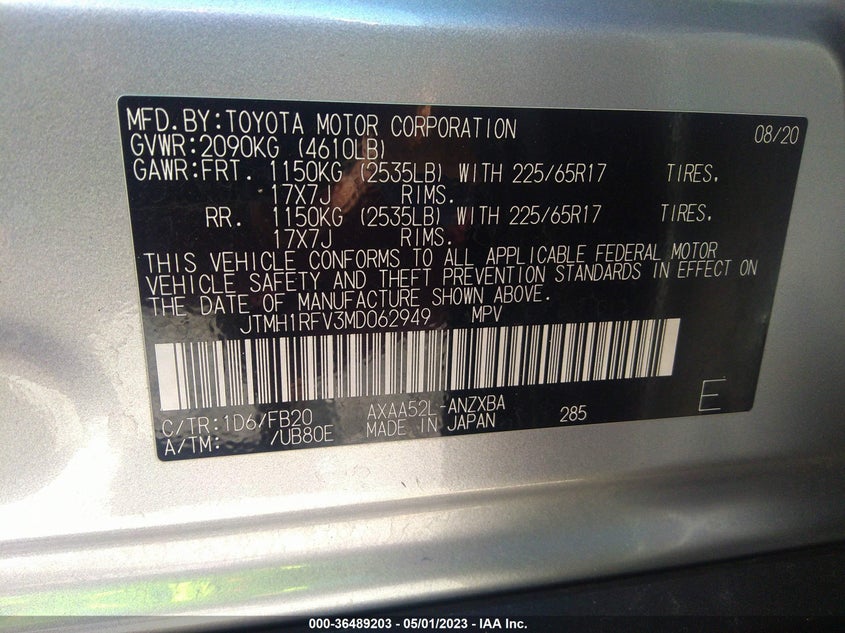 VIN JTMH1RFV3MD062949 2021 TOYOTA RAV4 LE