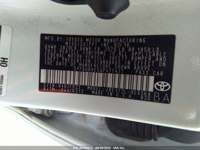2016 TOYOTA COROLLA L/LE/S/S PLUS/LE PLUS - 5YFBURHE5GP477427