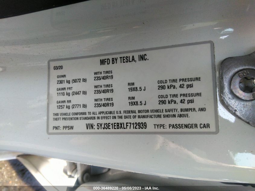2020 TESLA MODEL 3 LONG RANGE - 5YJ3E1EBXLF712939