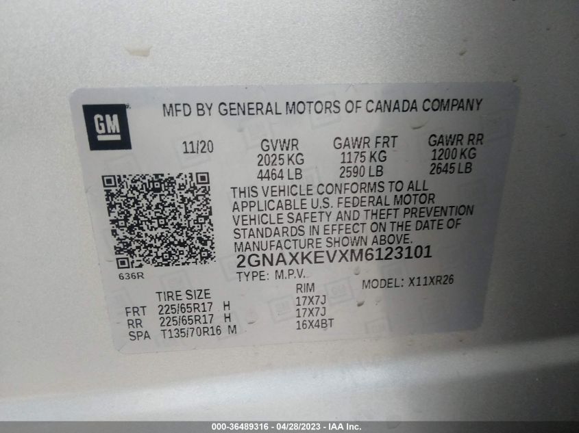 2021 CHEVROLET EQUINOX LT - 2GNAXKEVXM6123101