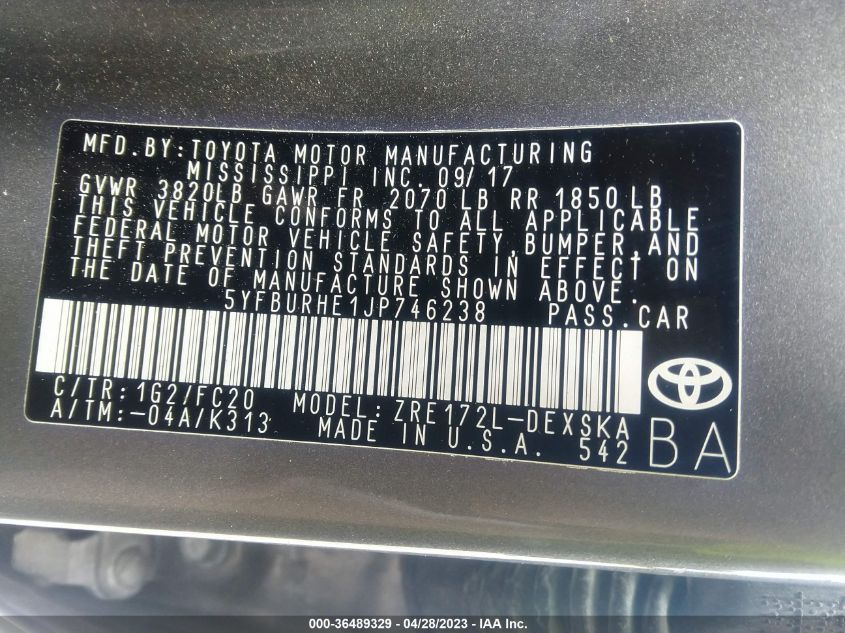 2018 TOYOTA COROLLA L/LE/XLE/SE/XSE - 5YFBURHE1JP746238