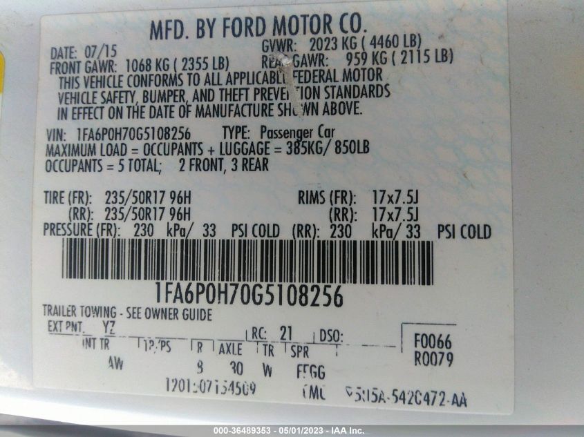 2016 FORD FUSION SE - 1FA6P0H70G5108256