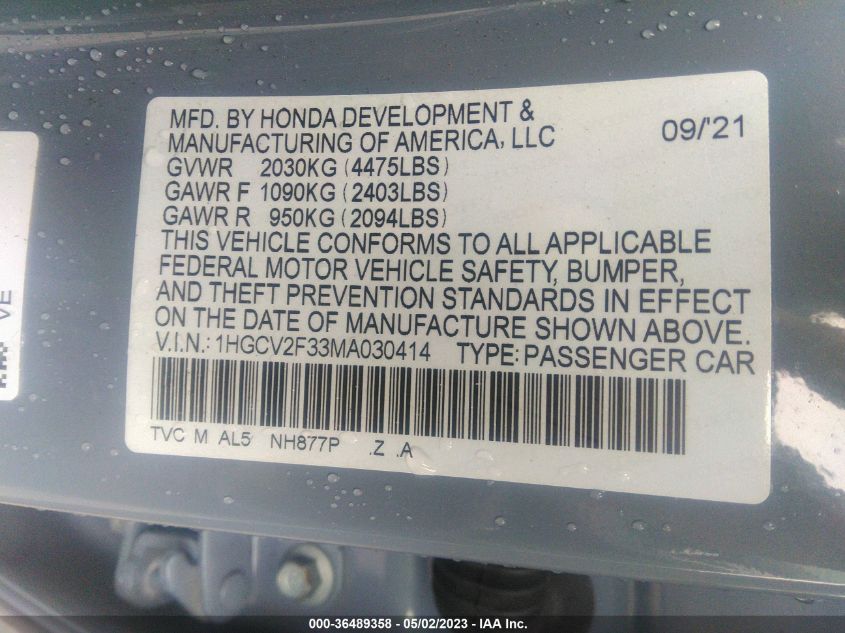 2021 HONDA ACCORD SEDAN SPORT - 1HGCV2F33MA030414