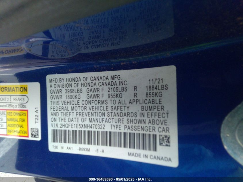 2022 HONDA CIVIC SI 2HGFE1E5XNH470322