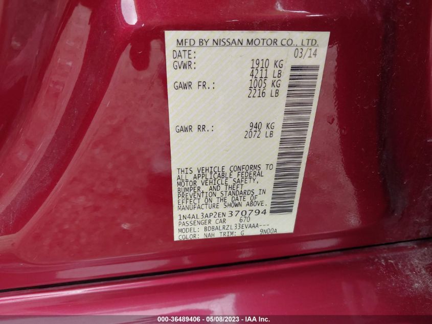 2014 NISSAN ALTIMA 2.5 S - 1N4AL3AP2EN370794