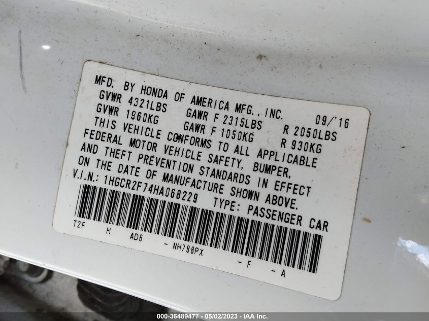 2017 HONDA ACCORD SEDAN EX - 1HGCR2F74HA068229