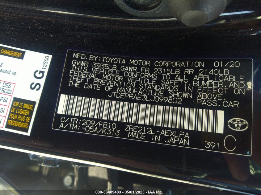 VIN JTDEPRAE3LJ099802 2020 TOYOTA COROLLA LE