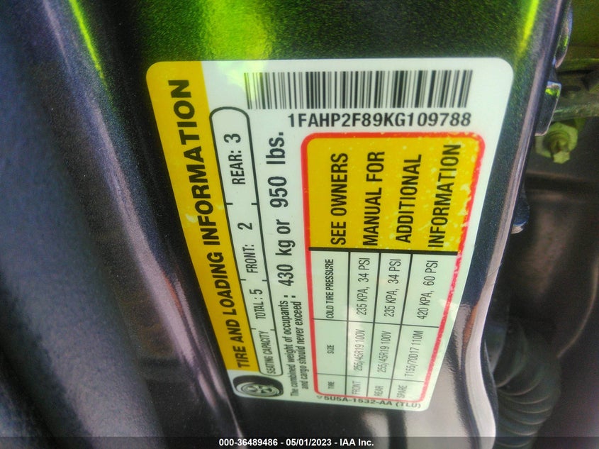 VIN 1FAHP2F89KG109788 2019 FORD TAURUS LIMITED