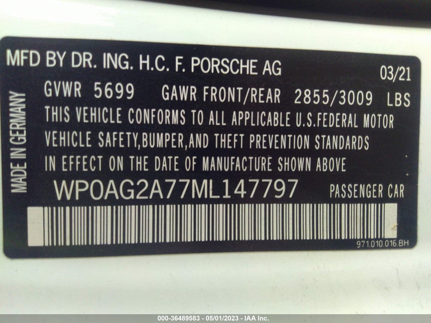 VIN WP0AG2A77ML147797 2021 PORSCHE PANAMERA GTS
