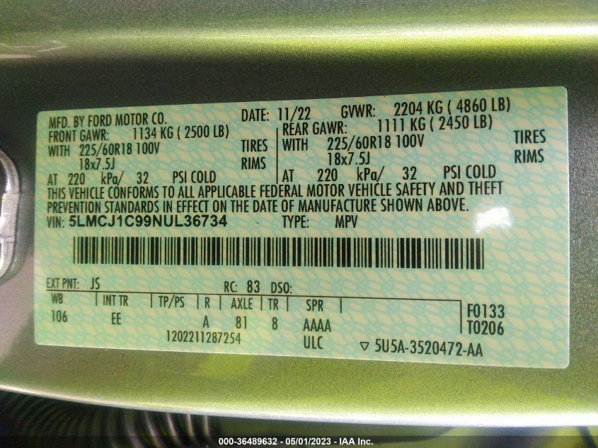 2022 LINCOLN CORSAIR STANDARD - 5LMCJ1C99NUL36734