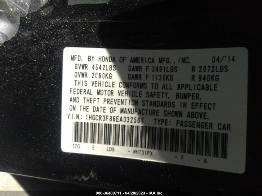 2014 HONDA ACCORD SEDAN EX-L - 1HGCR3F86EA032567