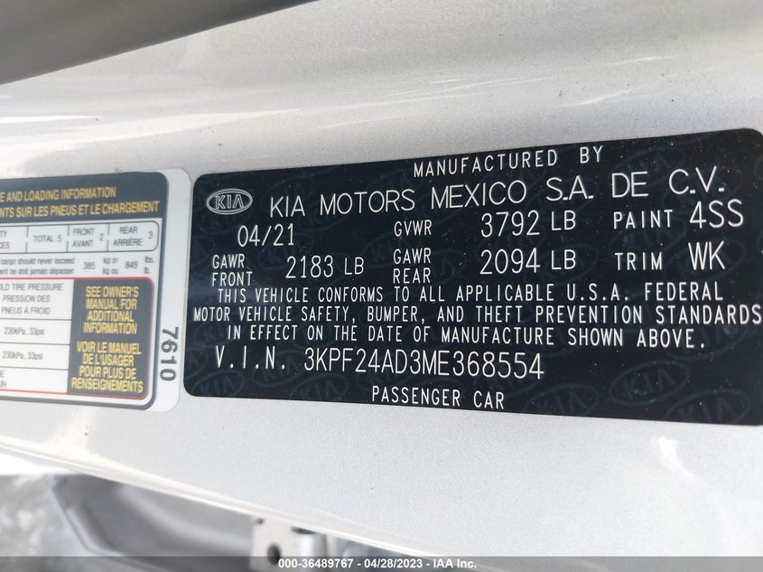 VIN 3KPF24AD3ME368554 2021 KIA FORTE LXS