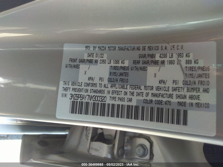 VIN 3MZBPBAY7NM300320 2022 MAZDA MAZDA3 SEDAN 2.5 TURBO