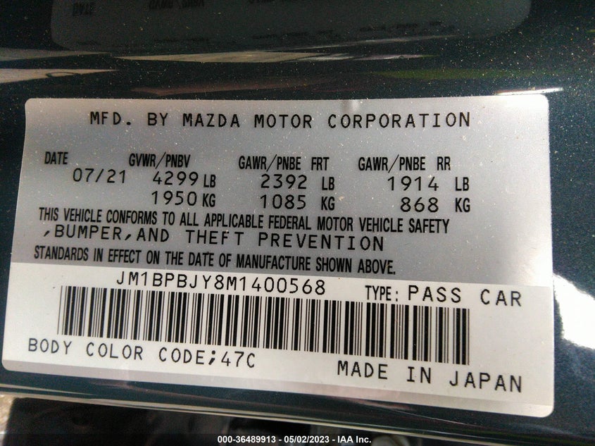 VIN JM1BPBJY8M1400568 2021 MAZDA MAZDA3 HATCHBACK 2.5 TURBO
