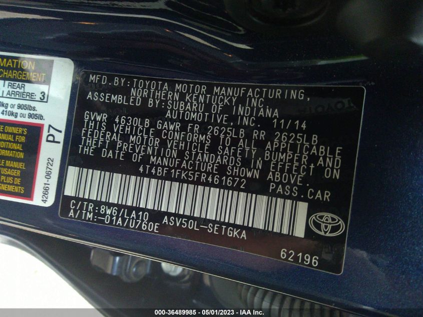 2015 TOYOTA CAMRY XLE/SE/LE/XSE - 4T4BF1FK5FR461672