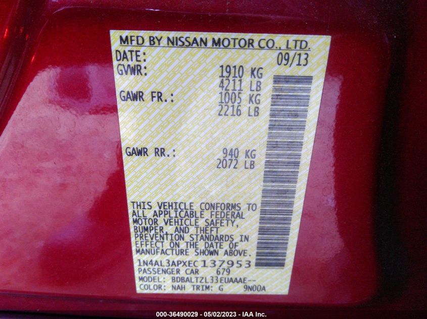 2014 NISSAN ALTIMA 2.5 SV - 1N4AL3APXEC137953