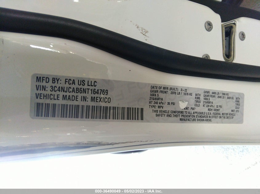 VIN 3C4NJCAB6NT164769 2022 JEEP COMPASS SPORT