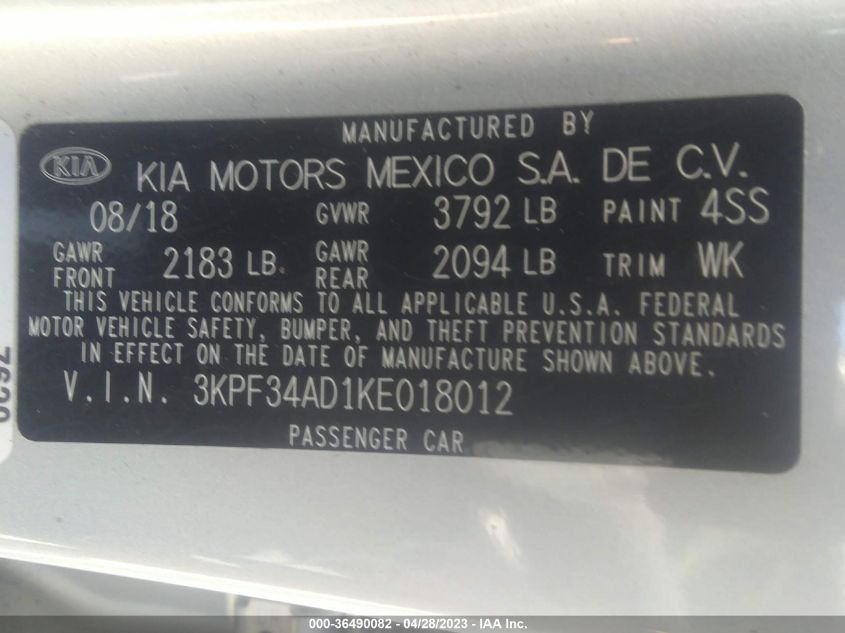 2019 KIA FORTE S - 3KPF34AD1KE018012
