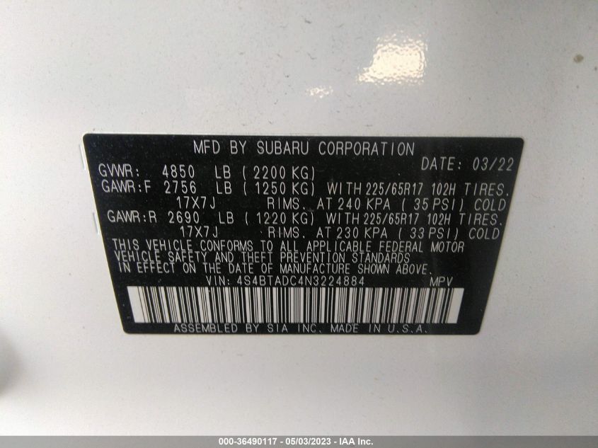 2022 SUBARU OUTBACK PREMIUM - 4S4BTADC4N3224884