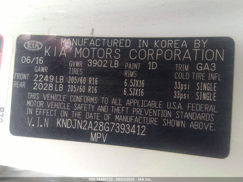 2016 KIA SOUL BASE - KNDJN2A28G7393412