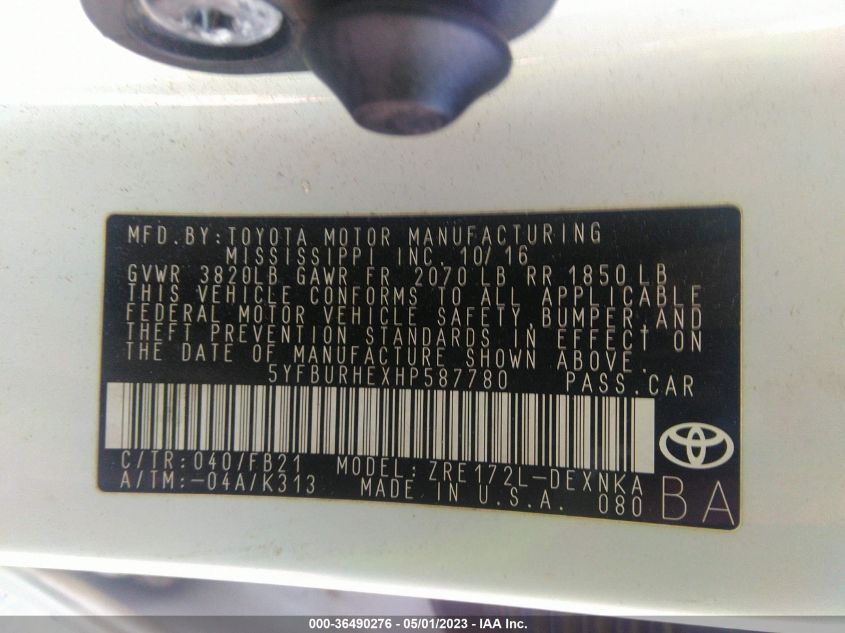 2017 TOYOTA COROLLA L/LE/XLE/SE - 5YFBURHEXHP587780