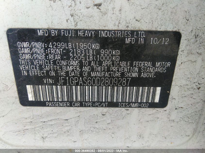 2013 SUBARU IMPREZA WAGON 2.0I SPORT LIMITED - JF1GPAS60D2809287