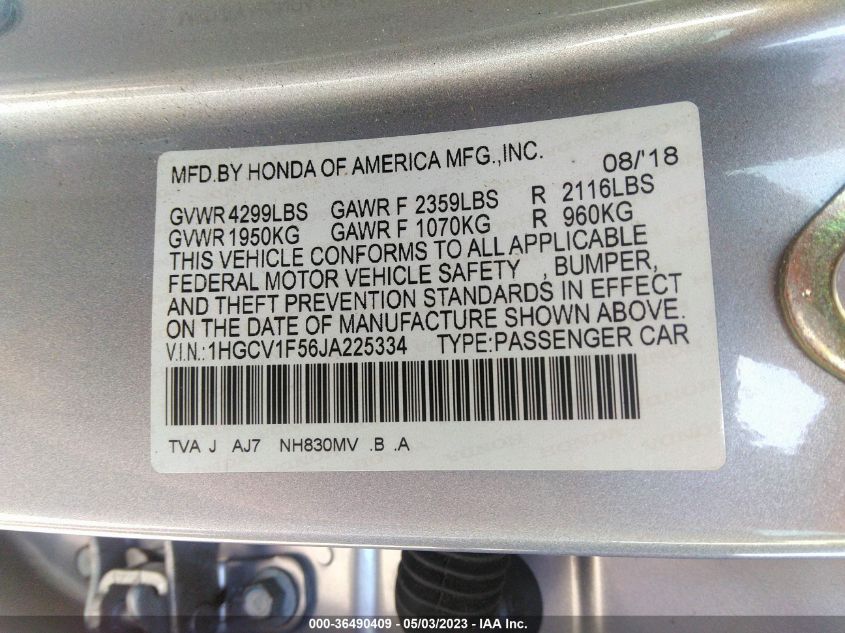 2018 HONDA ACCORD SEDAN EX-L 1.5T - 1HGCV1F56JA225334