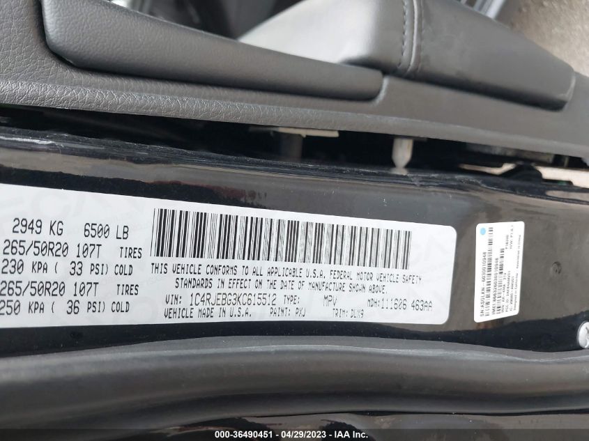 2019 JEEP GRAND CHEROKEE LIMITED - 1C4RJEBG3KC615512