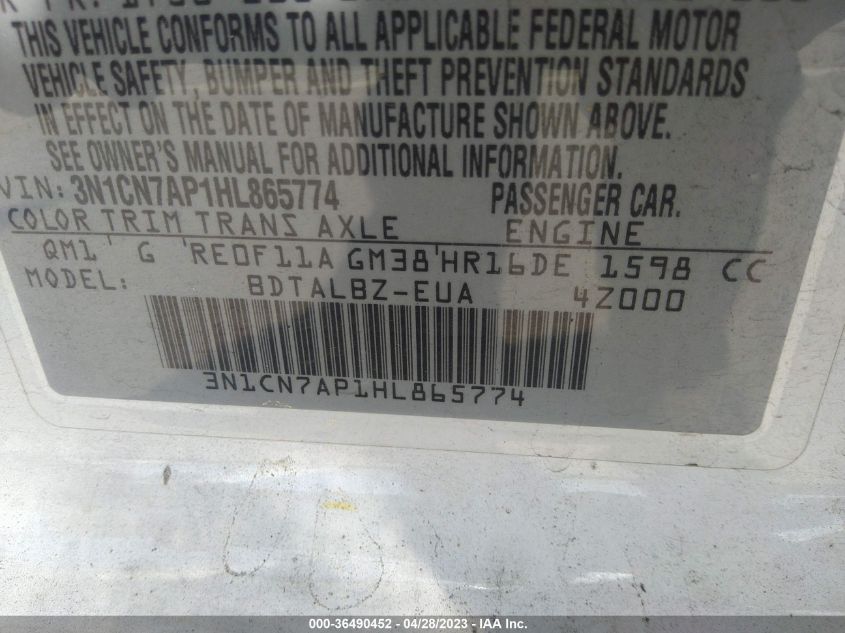 2017 NISSAN VERSA SEDAN SV - 3N1CN7AP1HL865774