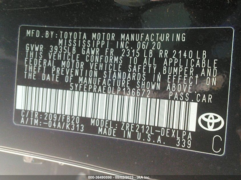 2020 TOYOTA COROLLA LE - 5YFEPRAE0LP136672