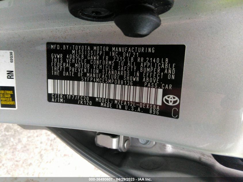 2021 TOYOTA COROLLA SE/APEX SE - 5YFP4MCE5MP088136