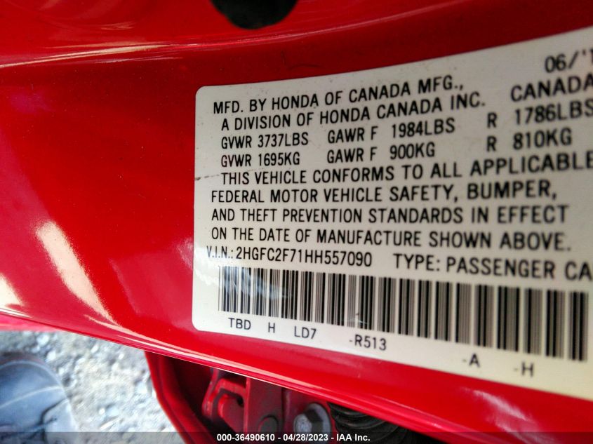 2017 HONDA CIVIC SEDAN EX - 2HGFC2F71HH557090