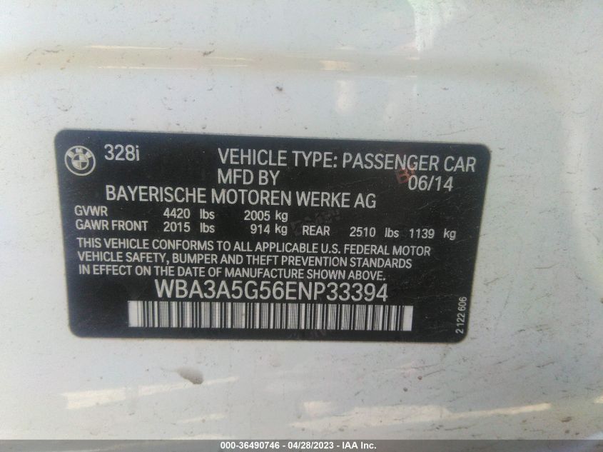 2014 BMW 3 SERIES 328I - WBA3A5G56ENP33394