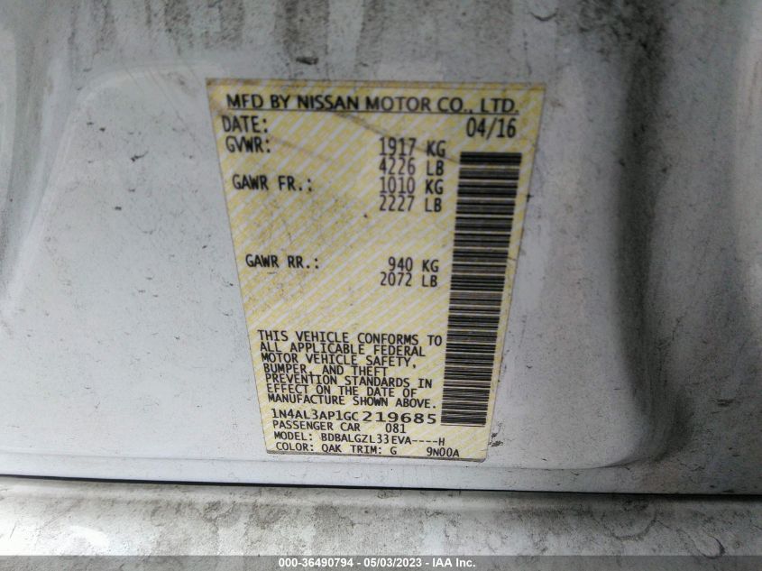 2016 NISSAN ALTIMA 2.5 S - 1N4AL3AP1GC219685
