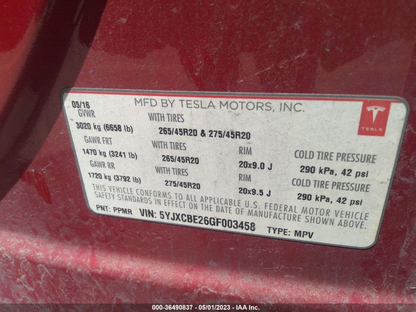 2016 TESLA MODEL X 70D/90D/75D/60D/P100D - 5YJXCBE26GF003458