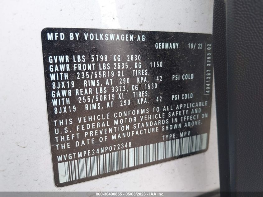 2022 VOLKSWAGEN ID.4 PRO S WVGTMPE24NP072348