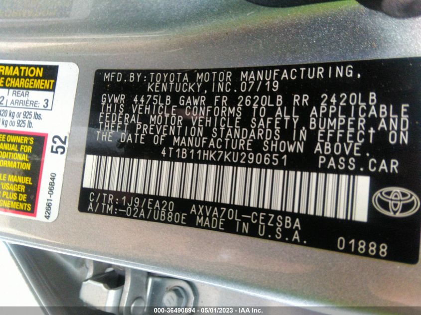 2019 TOYOTA CAMRY LE/SE/XLE/L - 4T1B11HK7KU290651